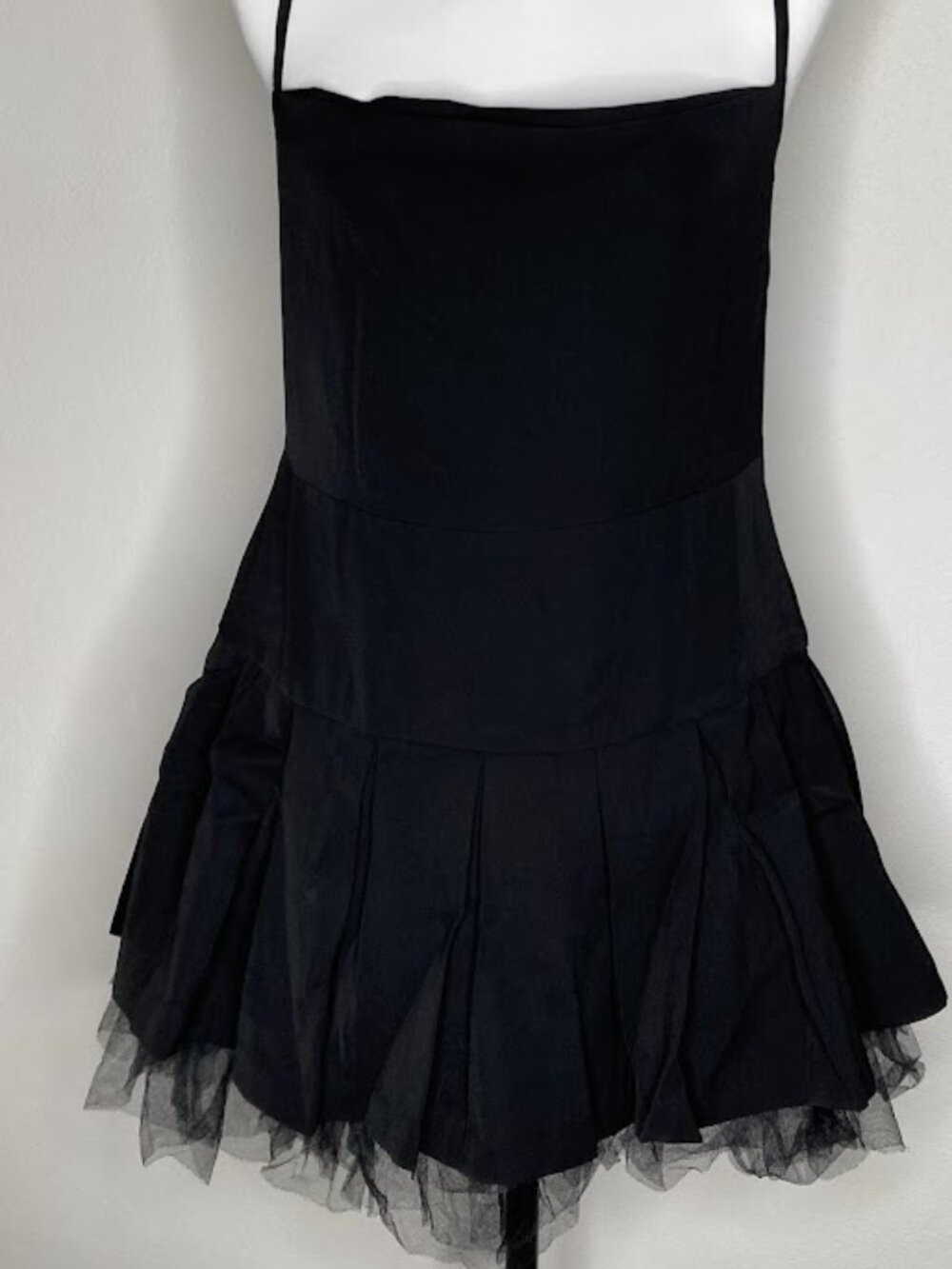 #23286 Stylish black spaghetti-strap ruched puff-sleeve mini dress